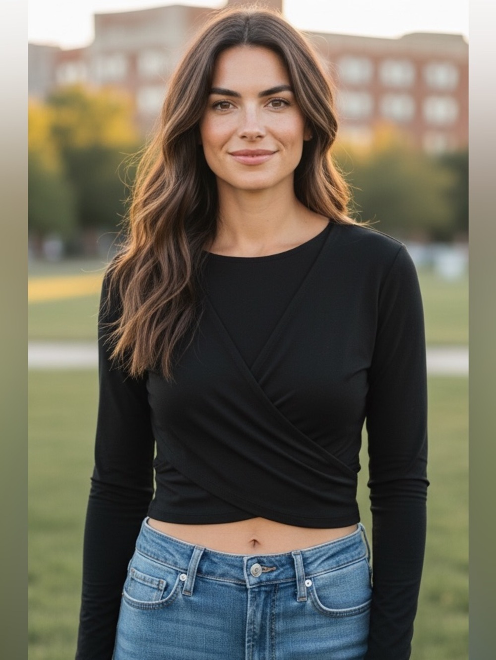 SPANX Black Long-Sleeve Wrap Crop Top